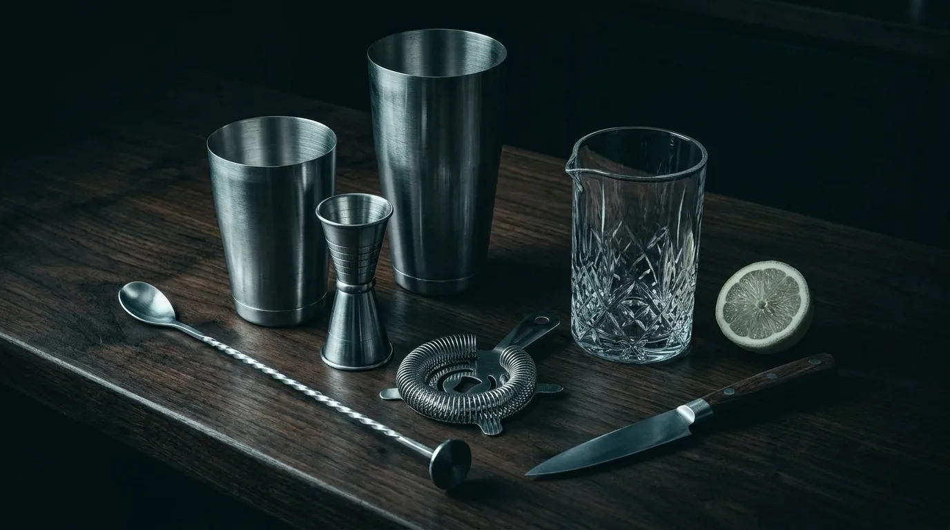 Two stainless shaking tins, a jigger, a twisted bar spoon, a Hawthorne strainer, a cut-glass mixing glass, a paring knife, and half a lemon on a dark wooden counter