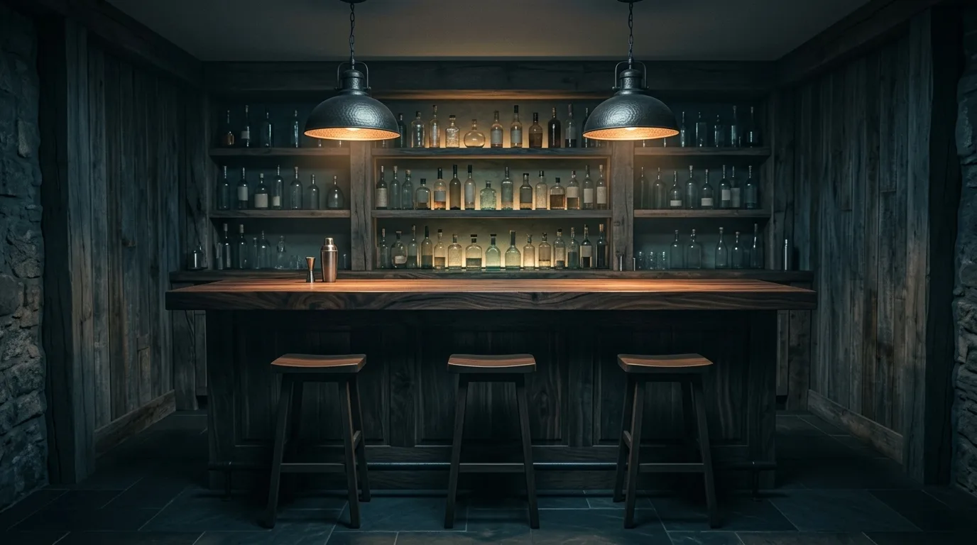 A dark wood-paneled home bar at night with two shaded pendants over a walnut bar top, backlit bottle shelves, and three stools