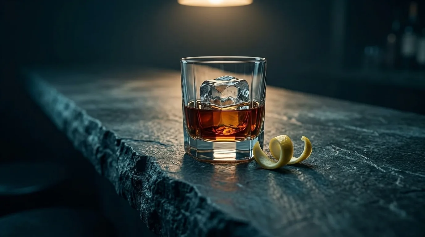 A rocks glass of whiskey with a large ice cube and a lemon twist on the edge of a dark stone bar top under a single pendant